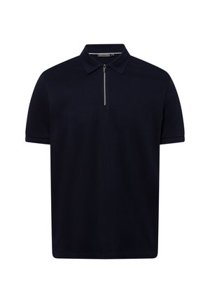 Marineblaues Poloshirt mit kurzen Ärmeln, Reißverschlusskragen, aus Mischgewebe gefertigt, mit klassischem Kragen und glatter, strukturierter Oberfläche.