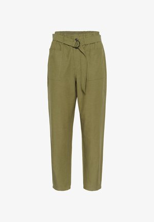 Pantalon taille haute vert olive avec ceinture en tissu, deux poches plaquées devant et jambes fuselées.