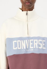 Fehér, cipzáros pulóver magas gallérral; világoskék és rózsaszín színes vízszintes blokkokkal rendelkezik; nagy "CONVERSE ALL STAR" logó fehér színben.