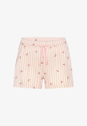 Rosa-weiß gestreifte Shorts mit elastischem Bund und Kirschmuster, vorne mit rosa Kordelzug.