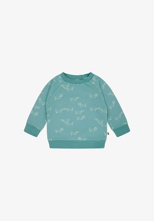 Helles Teal-Sweatshirt mit weißen Hundeillustrationen, rundem Ausschnitt und langen Raglanärmeln. Hergestellt aus weichem Stoff mit gerippten Bündchen.