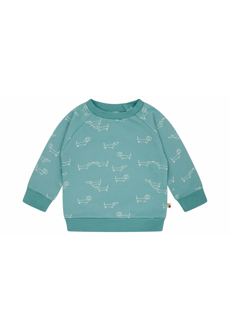 Helles Teal-Sweatshirt mit weißen Hundeillustrationen, rundem Ausschnitt und langen Raglanärmeln. Hergestellt aus weichem Stoff mit gerippten Bündchen.
