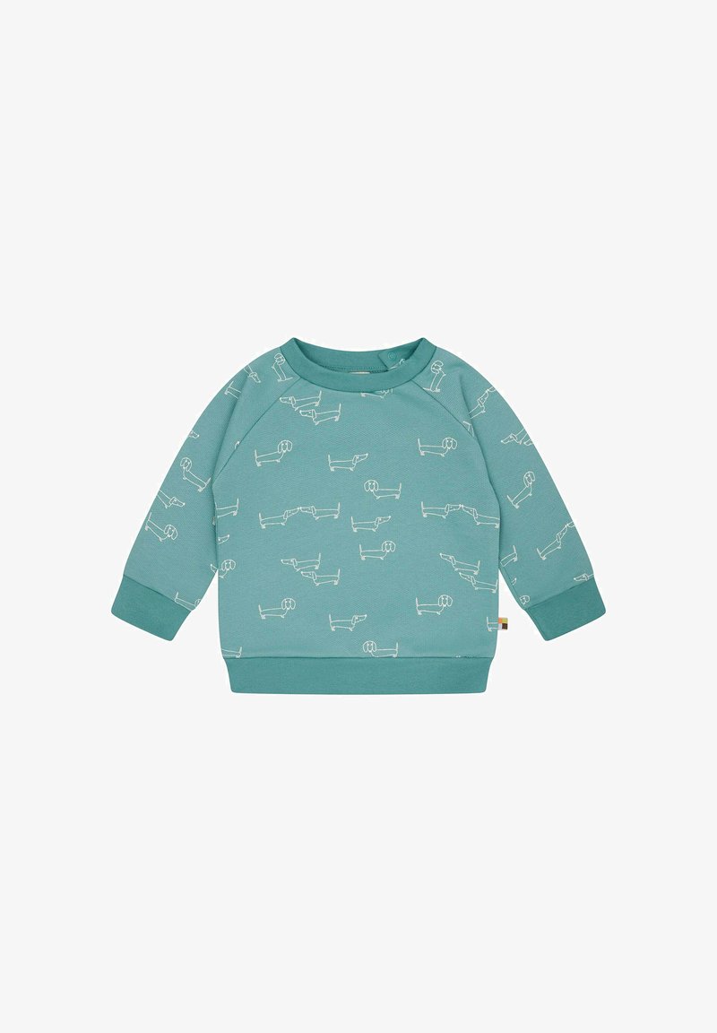 Helles Teal-Sweatshirt mit weißen Hundeillustrationen, rundem Ausschnitt und langen Raglanärmeln. Hergestellt aus weichem Stoff mit gerippten Bündchen.