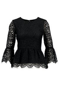 Černý krajkový top s peplum střihem a dlouhými zvonovými rukávy, který má květinový vzor a lem s vlnkovaným okrajem. Měkká textura a přiléhavý střih korzetu.