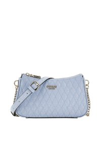 Sac à main matelassé bleu clair avec fermeture éclair, bandoulière réglable et garnitures métalliques dorées. Comprend un logo de marque à l'avant.