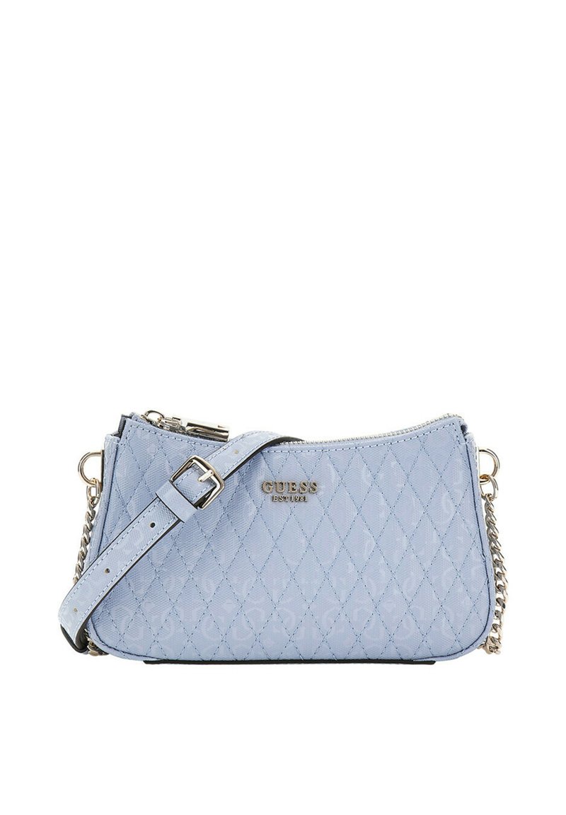 Sac à main matelassé bleu clair avec fermeture éclair, bandoulière réglable et garnitures métalliques dorées. Comprend un logo de marque à l'avant.