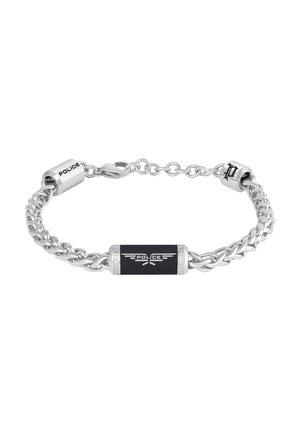 Pulsera de cadena de plata con placa rectangular negra grabada con "POLICE" y diseño de alas, cierre ajustable y cuentas decorativas en los extremos.