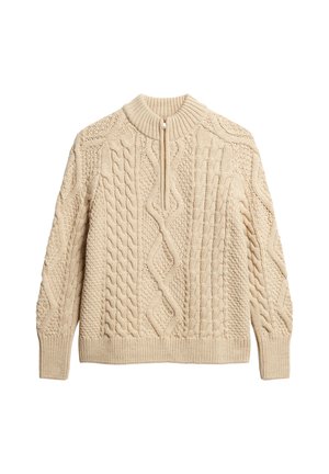 Beige gebreide trui met een hoge kraag, met verschillende getextureerde kabelpatronen en een halve rits aan de voorkant. Ribgebreide manchetten en onderkant.