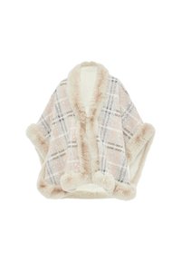 Károvaný pončo vyrobené z m�ěkkého umělého kožešiny, s pastelovými barvami, chlupatým límcem a bambulkami na lemu.