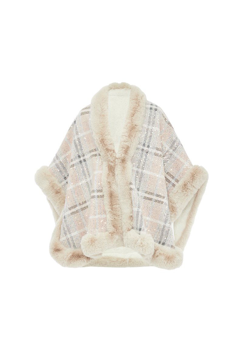 Károvaný pončo vyrobené z měkkého umělého kožešiny, s pastelovými barvami, chlupatým límcem a bambulkami na lemu.