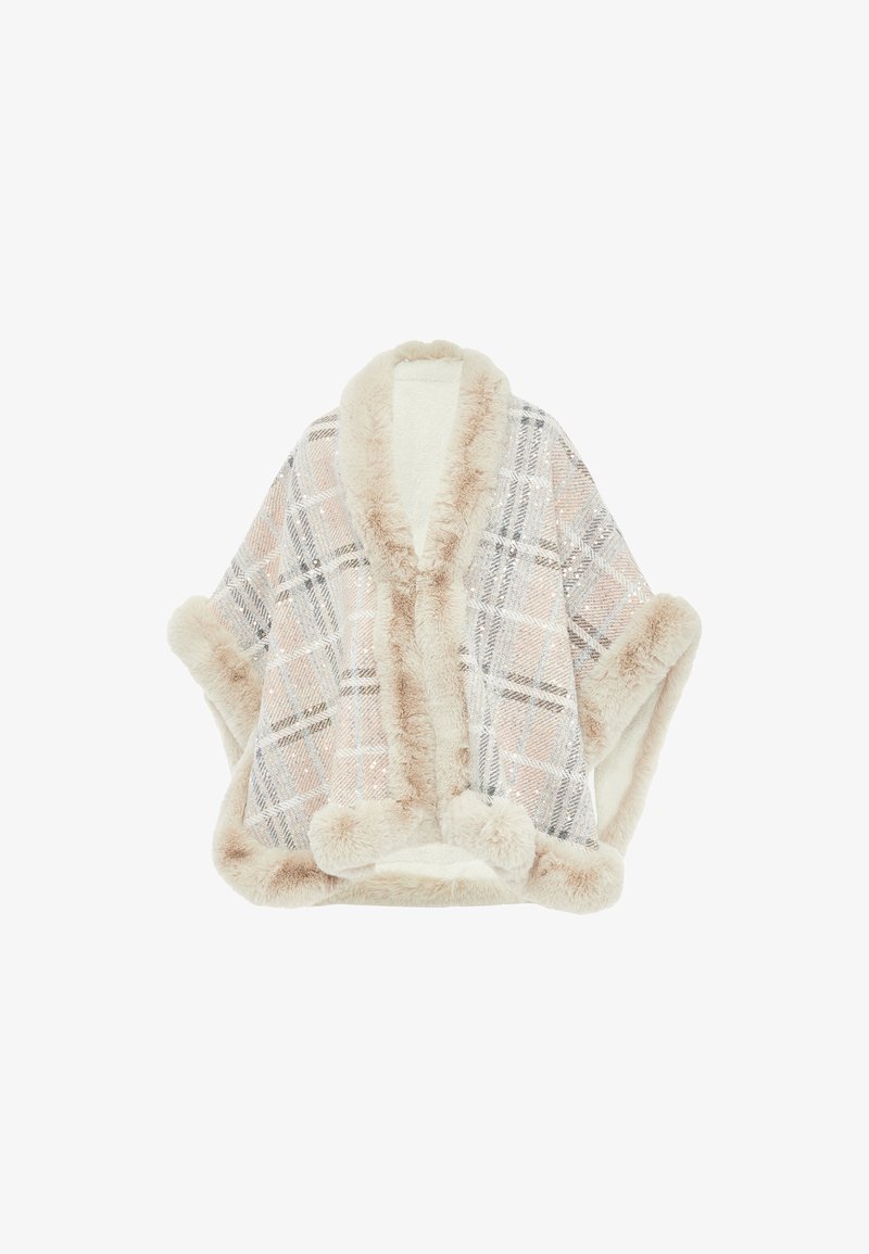 Rutig poncho gjort av mjuk fuskpäls, med pastellfärger, en fluffig krage och pom-pom detaljer vid fållen.