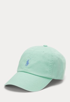 Gorra de béisbol de algodón verde menta con visera curva y pequeño logo bordado de jugador de polo azul en el centro delantero.