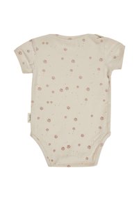 Short-sleeve baby bodysuit in beige cotton with a pattern of small brown paw prints and subtle speckles throughout.