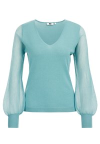 Pull-over léger bleu clair en V avec un corps opaque ajusté et des manches longues transparentes et bouffantes avec des poignets côtelés.