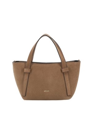 Brown suede handbag with two short handles, a rounded shape, and gold logo detail on the front. Smooth texture, minimalistic design.