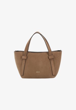 Brown suede handbag with two short handles, a rounded shape, and gold logo detail on the front. Smooth texture, minimalistic design.