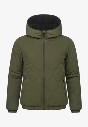 Quilted olive green jacket with a hood, zip closure, and side pockets. Features a soft black fleece lining and ribbed cuffs.