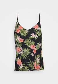 Černý květinový top na ramínka s růžovými a bílými květy, zelenými listy, nastavitelnými ramínky a knoflíkovým detailem na přední straně.