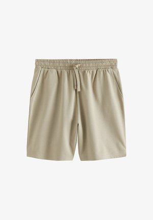 Şorturi bej dintr-un material moale, cu o talie elastică și șnur pentru ajustare, două buzunare laterale și un croi simplu, drept.