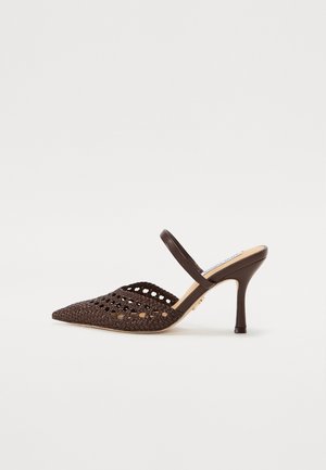 Dark brown woven pointed-toe mule with a mid-height curved heel and a single strap across the instep.