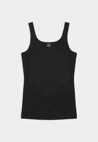 Czarny top na ramiączkach z okrągłym dekoltem i szerokimi ramiączkami, wykonany z miękkiego materiału. Charakteryzuje się prostym, eleganckim designem i prostym wykończeniem.