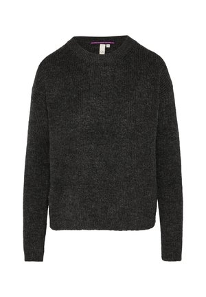Donkergrijze gebreide trui met een ronde hals en lange mouwen. Heeft een geribbelde textuur en een rechte zoom. Casual pasvorm.