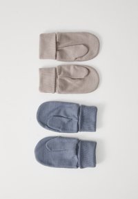 Pair of knitted mittens in light brown and dark blue. Soft fabric, rounded shape, with folded cuffs. Textured surface, seamless design.