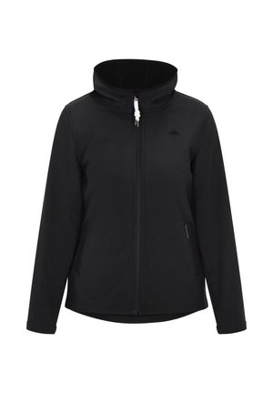 Čierna soft-shell bunda s vysokým golierom, zipsom a dvoma bočnými vreckami. Má hladkú textúru a decentné branding.