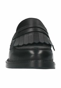 Zwarte leren loafers met franjes, een gladde afwerking en een ronde neus. Heeft een lage, duurzame zool voor comfort en stabiliteit.