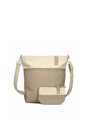 Beige und taupefarbene Schultertasche in Zweifarbenoptik mit abnehmbarem Riemen, dazu eine passende kleine Reißverschlusstasche.