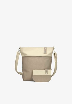 Borsa a spalla bicolore beige e talpa con tracolla staccabile, accompagnata da una piccola pochette coordinata con cerniera.