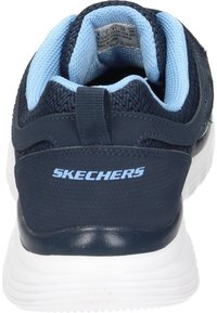 Zapatos SKECHERS con un upper de malla en un azul marino oscuro, acentos en azul claro y una suela blanca, que cuentan con una lengüeta en el talón y una marca en la parte trasera.