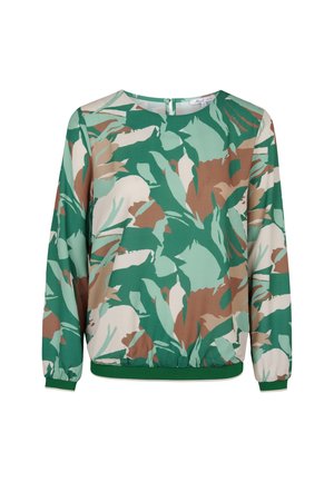 Groene blouse met een levendig bladenpatroon in muntgroen, crème en bruin. Voorzien van een ronde halslijn en elastische manchetten en onderrand.