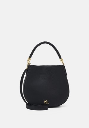 Schwarze Lederhandtasche mit geflochtenem Griff, goldener Beschläge und kleinem goldfarbenem "RLL"-Logo in der unteren Mitte sowie zusätzlichem Schulterriemen.