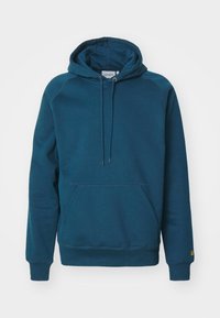 Felpa con cappuccio turchese realizzata in tessuto morbido, dotata di ampia tasca frontale, coulisse sul cappuccio e polsini e orlo a costine.