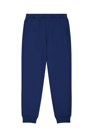 Navy blue sweatpants made of soft fabric. Features an elastic waistband, side pockets, and a subtle logo accent. Tapered ankles.