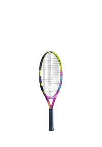 Racchetta da tennis con un telaio rosa e viola, manico nero e accenti multicolore; presenta una rete di corde nella testa ovale.