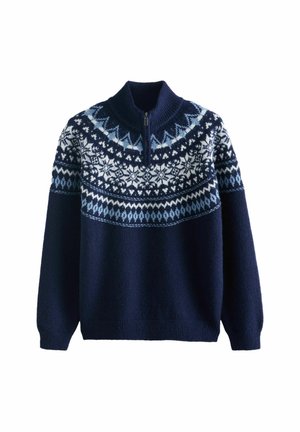 Navyblauer gestrickter Pullover mit hohem Kragen und halbem Reißverschluss. Verfügt über ein Fair-Isle-Muster in Weiß und Hellblau über der Brust.