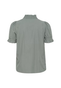 Korte mouw blouse van lichtgroene stof, met een hoge smockhals, pofmouwen met ruches en een ontspannen pasvorm.
