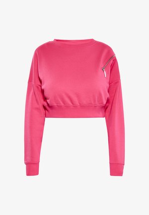 Pusiau supjaustyta rožinė palaidinė, pagaminta iš švelnios medžiagos, su ilgomis rankovėmis ir užtrauktuku užsegama kišene viršutiniame kairiajame šone. Lygus paviršius.