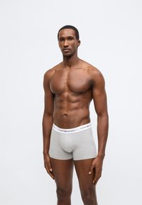 Šedé boxerky z bavlny s bílým pasem, na kterém je logo "TOMMY HILFIGER". Boxerky mají přiléhavý střih a hladkou texturu.