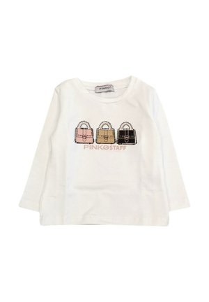 T-shirt a maniche lunghe bianco con grafica di tre borse in rosa, beige e nero. Materiale in cotone con scollatura rotonda.