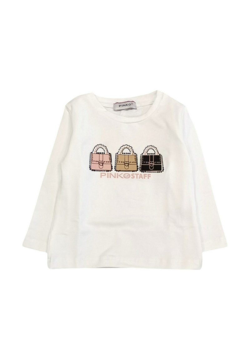 T-shirt a maniche lunghe bianco con grafica di tre borse in rosa, beige e nero. Materiale in cotone con scollatura rotonda.