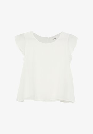Blouse blanche à manches courtes avec un col rond et une légère évasement, tissu léger, étiquette de la marque s.Oliver visible à l'intérieur du col.