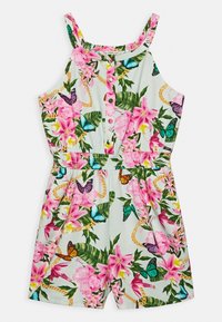 Romper met een bloemenpatroon met roze bloemen, groene bladeren en vlinders. Lichtblauwe achtergrond; elastische tailleband; knoopsluiting aan de voorkant.