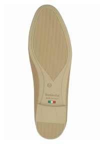 Beige Schuhsohle mit strukturiertem Fischgrätmuster, markiert mit "NeroGiardini", Größe 37 und italienischem Flaggen-Detail.