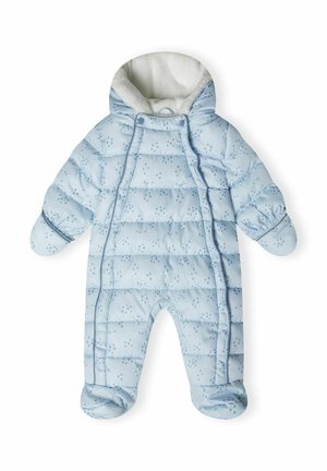 Lyseblå polstret babydragt til sne med hætte, vanter og foddække, med små mørke trekantmønstre og foret hætte med fleece.