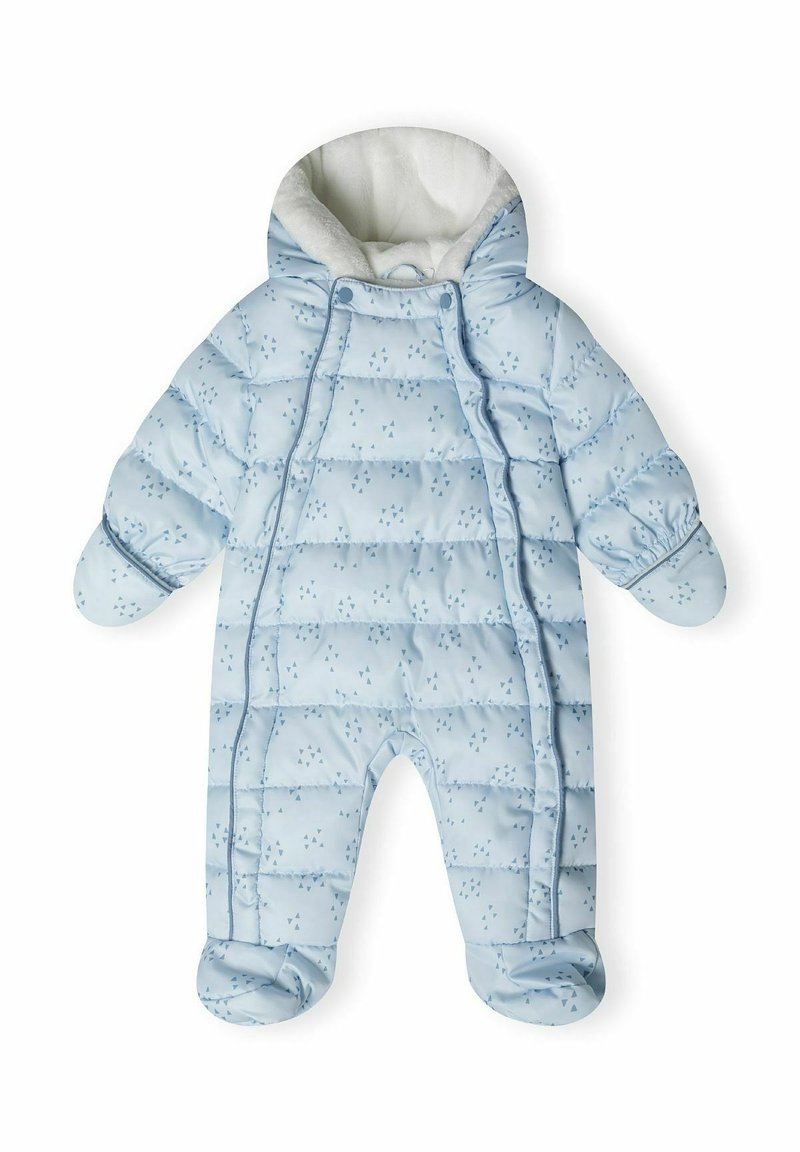 Combinaison de neige rembourrée pour bébé de couleur bleu clair avec capuche, moufles et couvre-pieds, ornée de petits motifs triangulaires foncés et doublure polaire à l'intérieur de la capuche.