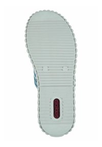 Semelle de chaussure blanche avec des rainures texturées et un bord ondulé. Comprend un logo rouge dans une découpe ovale, indiquant la taille et des symboles pour la résistance au glissement.