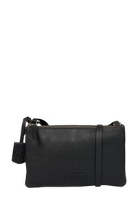 Borsa a mano in pelle nera con chiusura a zip, superficie texturizzata, forma sottile, tracolla staccabile e etichetta del marchio impresso.